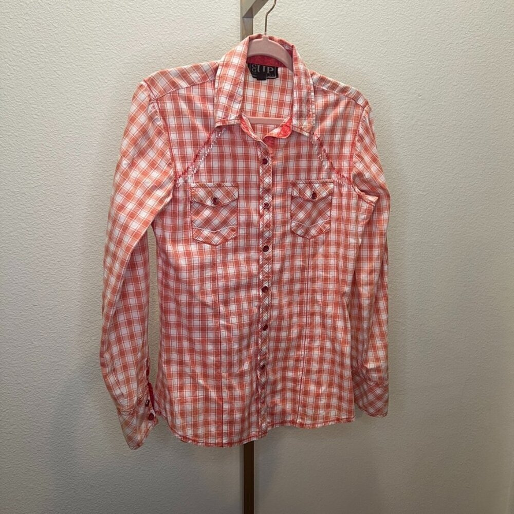 Cowgirl Up Distressed Bleached Plaid Snap Down Shirt Salmon size Small